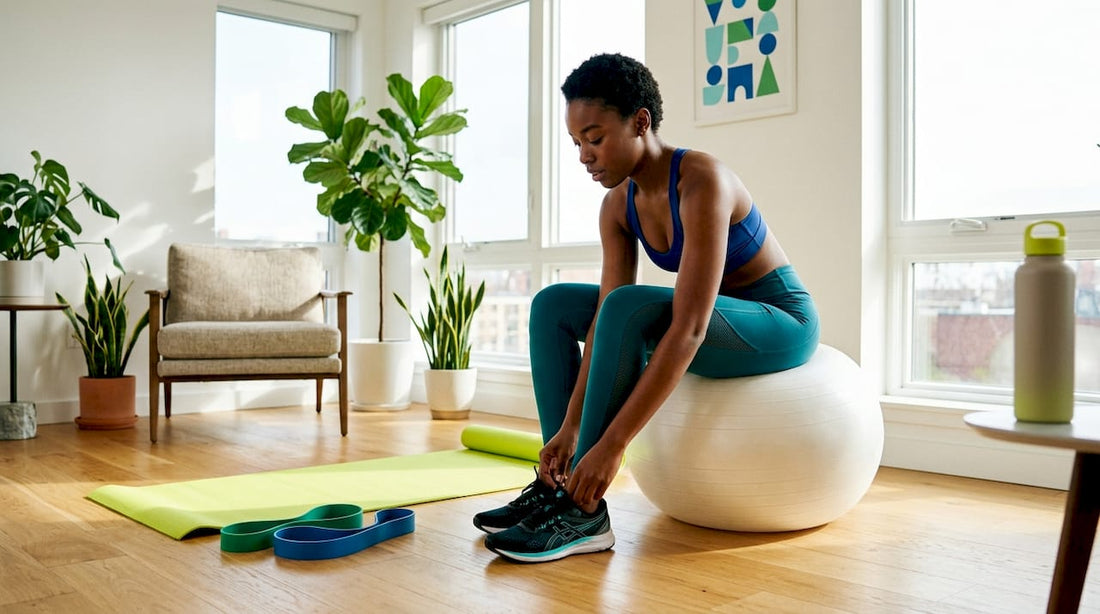 Person tying running shoes at home